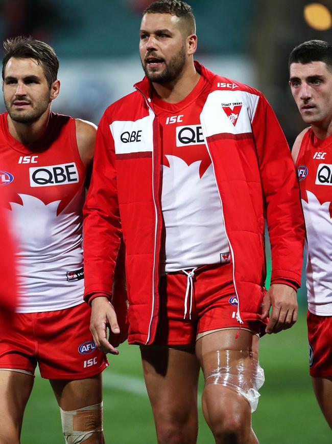 Lance Franklin with ice on his hamstring. Picture: Phil Hillyard