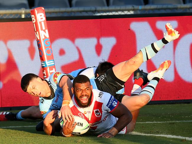 Mikaele Ravalawa scored two tries for the Dragons at Campbelltown Stadium. Picture: Jason McCawley/Getty Images