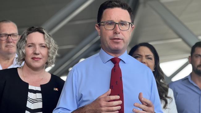 Nationals Leader David Littleproud speaks outside the NTCA Conference in Darwin on March 20, 2025. The coalition has promised to legislate minimum funding for biosecurity and to introduce an import container levy. Picture: Fia Walsh.