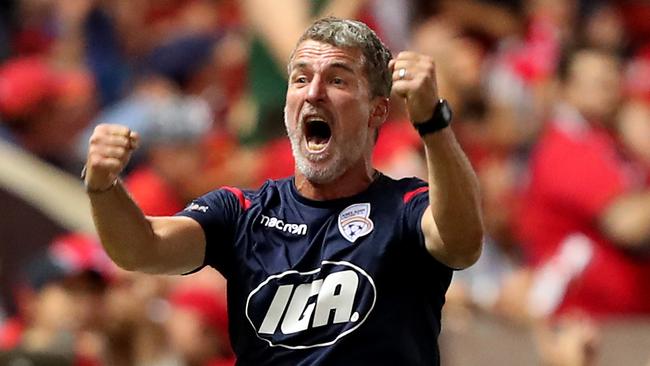 Marco Kurz coach of Adelaide United celebrates their win in the round 17 A-League match against Brisbane Roar at Coopers Stadium. Picture: James Elsby/Getty Images