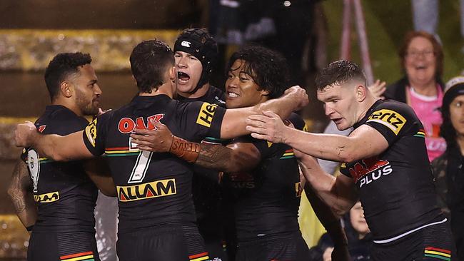 Brian To'o of the Penrith Panthers celebrates after scoring a try. Picture: Mark Kolbe/Getty Images