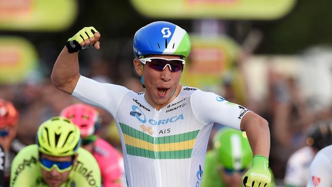 Australian rider Caleb Ewan of team Orica-GreenEDGE celebrates winning the People's Choice Classic.