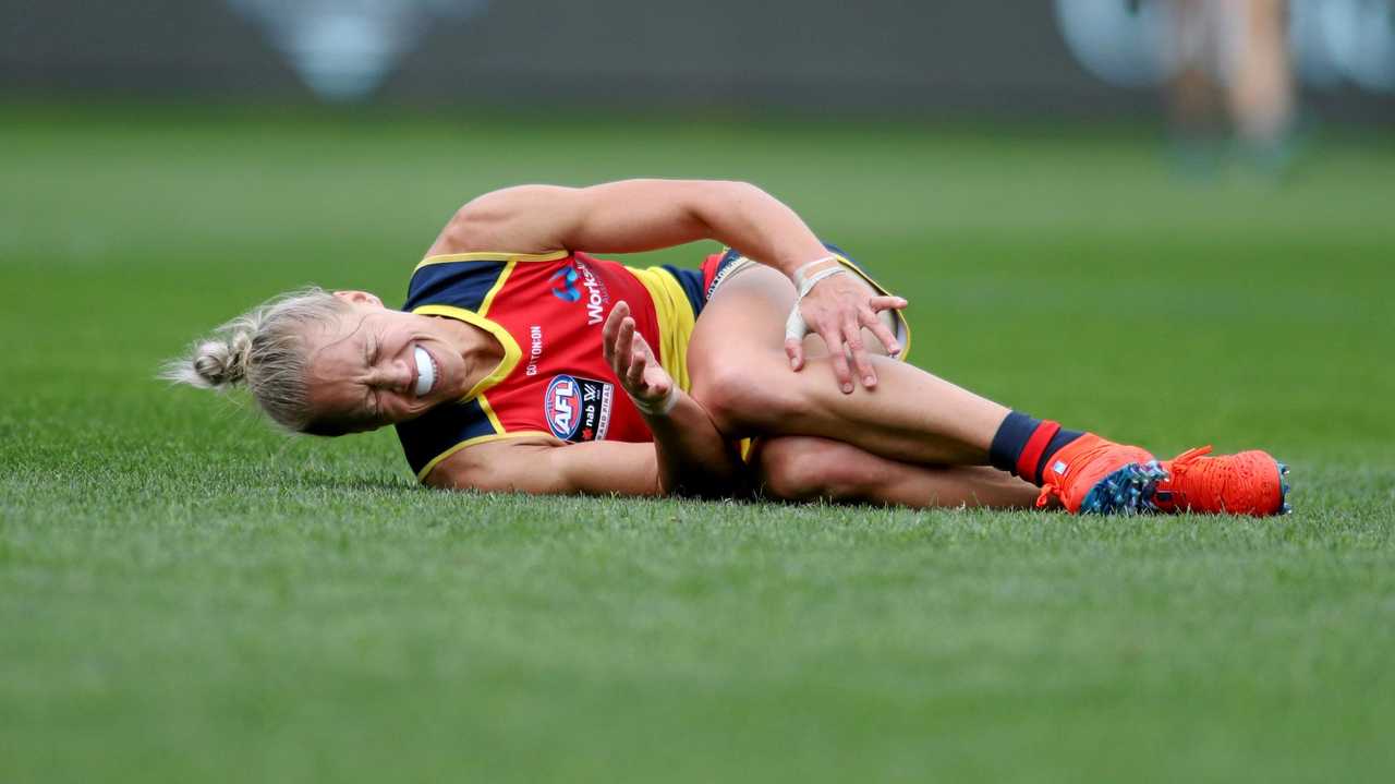 Erin Phillips of the Crows after injuring her knee during the AFLW grand final match between the Adelaide Crows and the Carlton Blues at Adelaide Oval in Adelaide, Sunday, March 31, 2019. Picture: KELLY BARNES