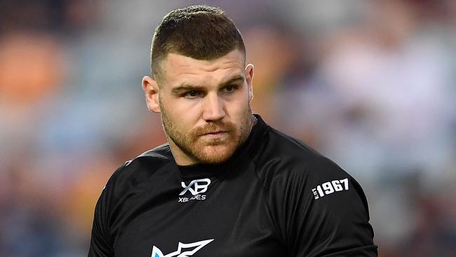 Josh Dugan of the Sharks warms up before the start of the round one NRL match between the North Queensland Cowboys and the Cronulla Sharks at 1300SMILES Stadium on March 9, 2018 in Townsville, Australia. (Photo by Ian Hitchcock/Getty Images)