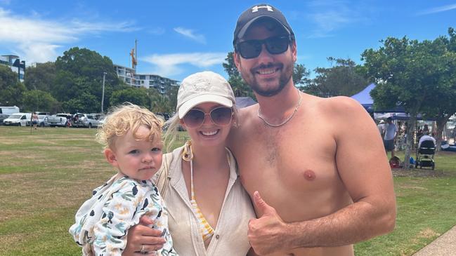 Casiel Genrich, 2, Carolanne Genrich and Regan Genrich at Australia Day celebrations for 2023 in Cotton Tree.