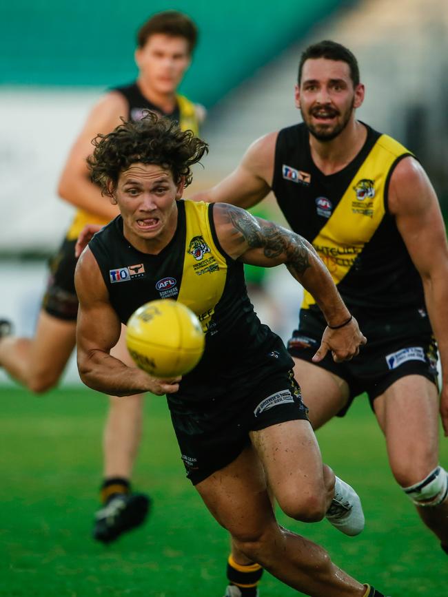 Phillip Wills on the attack for Nightcliff against Wanderers at TIO Stadium. Picture: Glenn Campbell