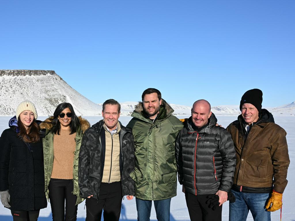 US Vice President JD Vance (C) with Second Lady Usha Vance (2nd L), National Security Adviser Mike Waltz (3rd L), his wife, former homeland security adviser, Julia Nesheiwat (L) and Secretary of Energy Chris Wright (R). Picture: Getty Images
