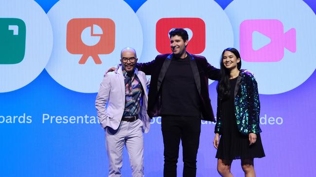 Canva co-founders Melanie Perkins, Cliff Obrecht and Cameron Adams. Their company had a small amount of cash with SVB. Picture: John Feder/The Australian