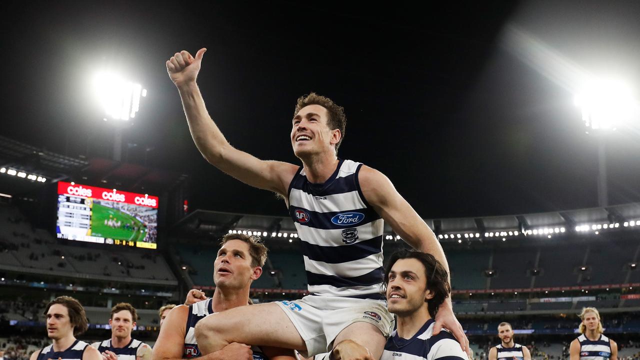 Cameron is chaired off the ground after his 200th game. Picture: Dylan Burns/AFL Photos via Getty Images