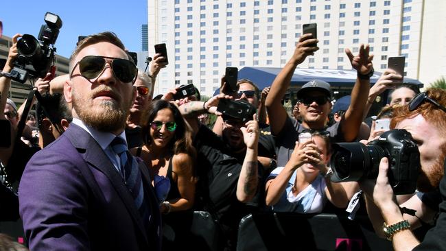 UFC lightweight champion Conor McGregor arrives at Toshiba Plaza in Las Vegas this week ahead of the big fight. Picture: AFP