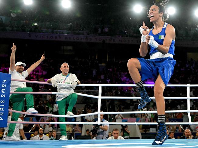 Algeria's Imane Khelif reacts after beating Thailand's Janjaem Suwannapheng in the women's 66kg semi-final boxing match during the Paris 2024 Olympic Games. Picture: Mohd Rasfan/ AFP)