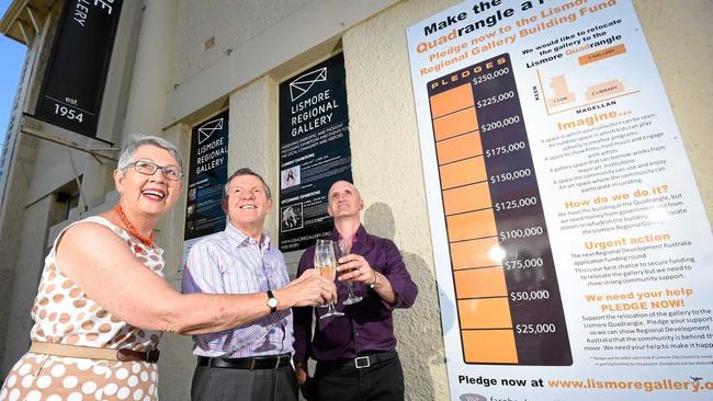 Margaret Olley Art Trust trustee Philip Bacon with Lismore Mayor Jenny Dowell and Lismore Regional Gallery director Brett Adlington at the announcement of the funding support for the new gallery by the Margaret Olley Arts Trust. Picture: Marc Stapelberg