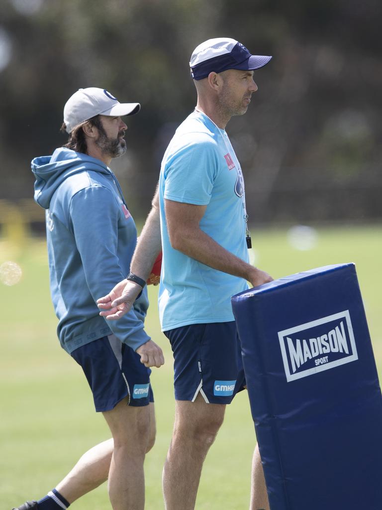 Cats coaches Chris Scott and Matthew Egan. Picture: Alan Barber