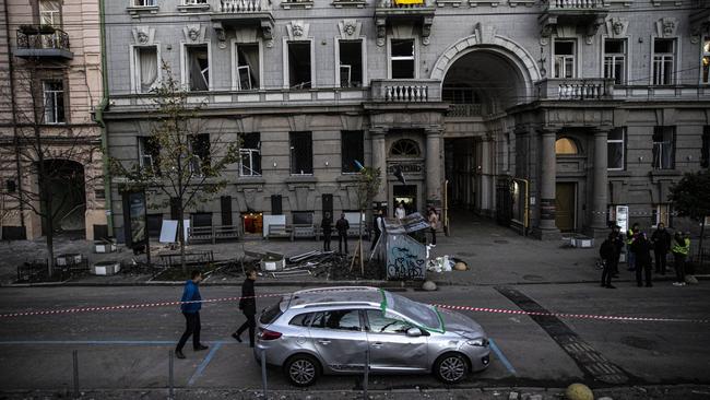 A view of damage after Russia's airstrike on Monday, October 10, 2022 in Kyiv, Ukraine. (Photo by Metin Aktas/Anadolu Agency via Getty Images)