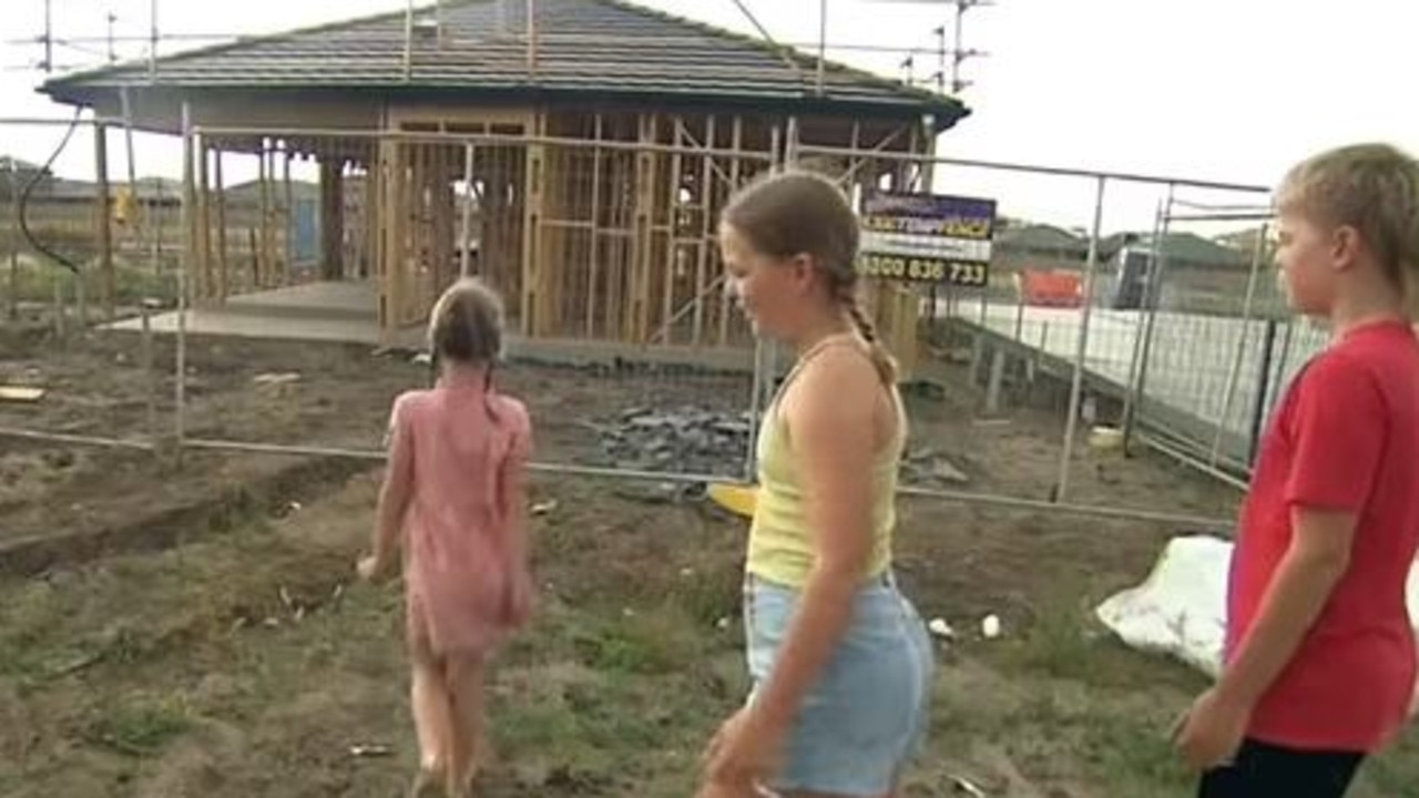 Ruby, Lucy and Gus inspecting their investment property in Clyde, Victoria. Picture: Supplied.