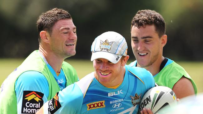 Mark Minichiello, Steve Michaels and Jamie Dowling during Michaels’ Titans day. Picture: Brendan Radke.