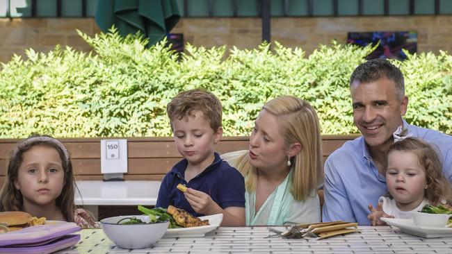 Peter Malinauskas and his wife Annabel and children Jack, Sophia and Eliza at the Golden Grove Tavern. Picture: Roy VanDerVegt