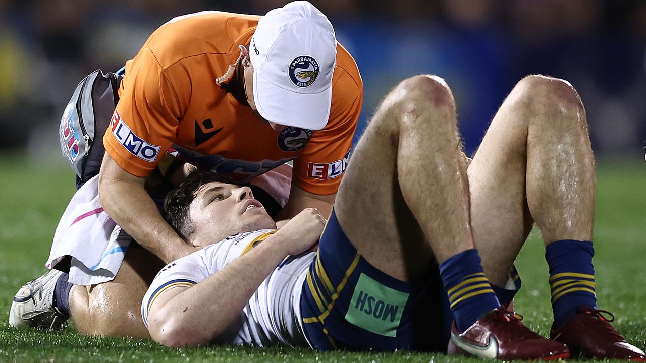 Mitchell Moses was concussed after a tackle on Viliame Kikau on Friday night. Picture: Matt King/Getty Images