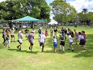 Dean Loadsman teaching the crowd a traditional dance at the Grafton Big Picnic in Market Square park. Picture: Tim Jarrett