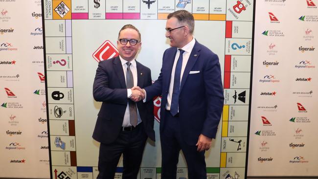 CEO Qantas Group and CEO Virgin Australia Group Alan Joyce and Paul Scurrah last September. Picture: Gary Ramage.