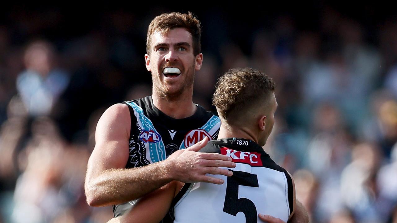 Adelaide, Australia. 03rd June, 2023. Junior Rioli of the Power snaps a  goal during the AFL Round 12 match between the Port Adelaide Power and the  Hawthorn Hawks at the Adelaide Oval