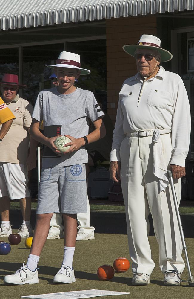 Sunnybank Bowls Club members Keith Smith, 94, and his grandson Hayden Ballard, 14. Photo: Chris Seen Photography