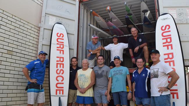 Maroochydore Surf Club Life member Wade Lee (left), Life governor Mal Pratt (back left) and their selfless volunteers packed a shipping container with gear to donate to Leo Carrillo Lifeguard Club in Malibu to help them rebuild after the fires wiped out the club.