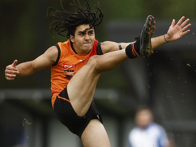 MELBOURNE, AUSTRALIA - APRIL 01: Isaac Kako of the Cannons kicks for goal during the round two Coates Talent League Boys match between Calder Cannons and Sandringham Dragons at Highgate Recreation Reserve on April 01, 2023 in Melbourne, Australia. (Photo by Daniel Pockett/AFL Photos/via Getty Images)