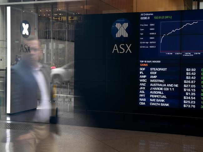 The indicator board at the Australian Securities Exchange (ASX) is seen in Sydney, Tuesday, February 5, 2019. Australia's big four banks have gained more than $20 billion in value after relieved investors welcomed the Kenneth Hayne's royal commission's recommendations by driving the financial sector to what looks like its best day in a decade. (AAP Image/Dan Himbrechts) NO ARCHIVING