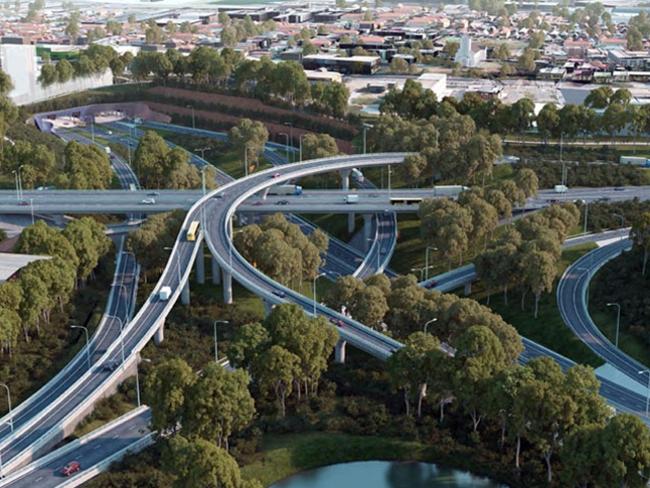 An artist’s impression of the completed WestConnex interchange at St Peters.