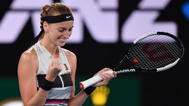 No tears here: Petra Kvitova celebrates her victory against Danielle Collins. Picture: Peter Parks/AFP