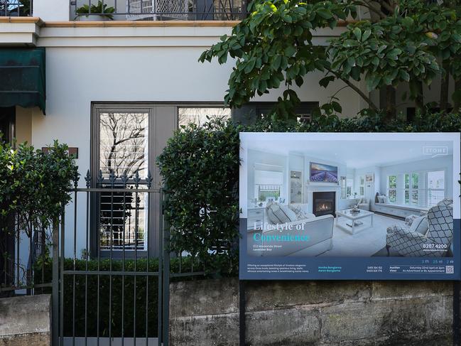 SYDNEY, AUSTRALIA - NewsWire Photos - APRIL 19 2023: A general view of a For Sale Sign in the front yard of a apartment in Lavender Bay, in Sydney. Picture NCA NewsWire / Gaye Gerard