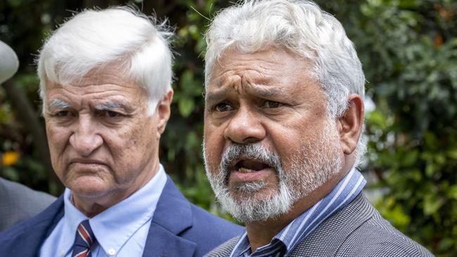 Bob Katter, left as Katter's Australian Party Senate candidate no. 2 Greg Wallace speaks to the media. Picture: Glenn Hunt/AAP