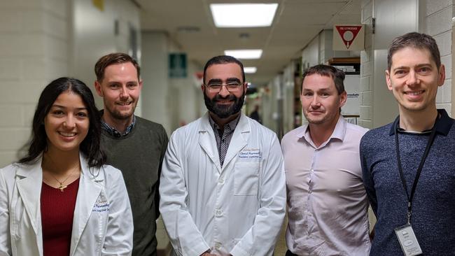 Precision Medicines Group left to right: Ms Sarah Badaoui, Dr Ashley Hopkins, Dr Ahmad Abuhelwa, A/Prof Andrew Rowland, Prof Michael Sorich. Picture: Supplied