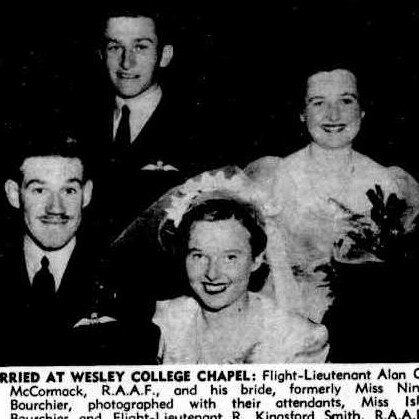 Flight Lieutenant Alan McCormack and his bride Nina Bourchier photographed with their attendants Isla Bourchier and Flight Lieutenant R. Kingsford Smith (at rear). Picture: TROVE