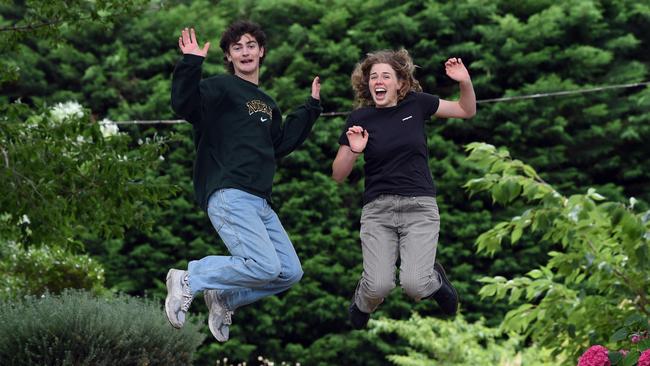 Kardina International College top performers Oliver Armstrong and Lillian Henderson jump for joy as they received their IB final results on Wednesday. Picture: David Smith