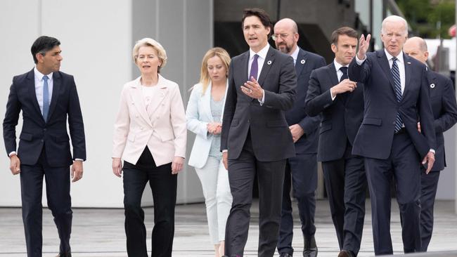 G7 leaders walk in the Hiroshima’s Peace Park on Friday. From left: Britain's Prime Minister Rishi Sunak, European Commission President Ursula von der Leyen, Italy's Prime Minister Giorgia Meloni, Canada's Prime Minister Justin Trudeau, President of the European Council Charles Michel, France's President Emmanuel Macron, US President Joe Biden and Germany's Chancellor Olaf Scholz. Picture: AFP