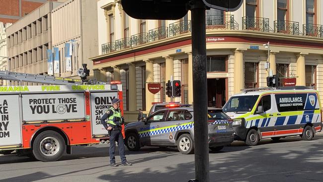 Emergency personnel on the scene after a pedestrian was hit by a vehicle at Launceston on Tuesday. Picture: Jon Tuxworth