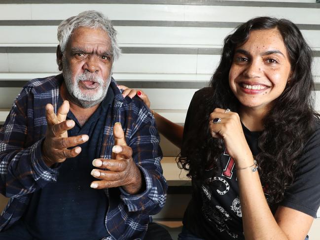 10/1/24: Original Warumpi band member, Sammy Butcher with is daughter Anyupa Butcher who is the co-director of Big Name, No Blankets at the photo call for a new musical, Big Name, No Blankets, about the journey of Aboriginal rock group, Warumpi Band. John Federe/The Australian.