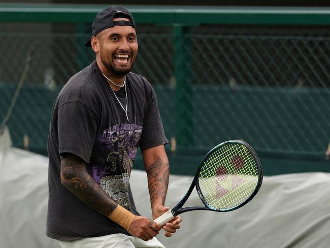 LONDON, ENGLAND - JUNE 30: Nick Kyrgios of Australia reacts during a practice session ahead of The Championships - Wimbledon 2023 at All England Lawn Tennis and Croquet Club on June 30, 2023 in London, England. (Photo by Clive Brunskill/Getty Images)