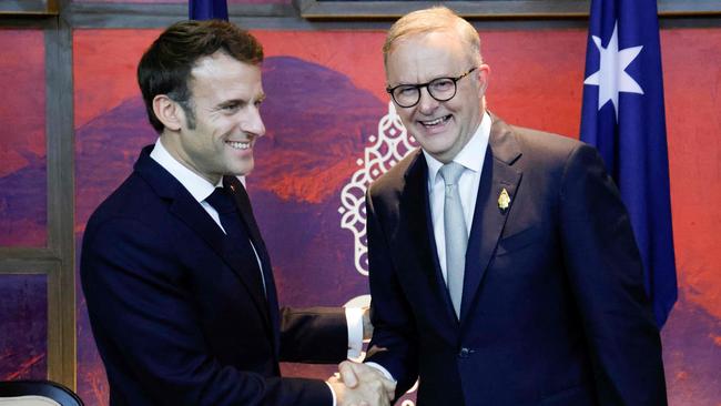 Emmanuel Macron meets Anthony Albanese on the sidelines of the G20 Summit in Bali on November 16. Picture: AFP