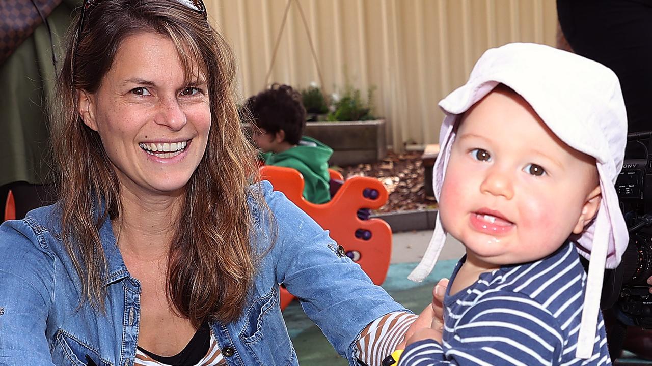 Joyce van Dijk and her 11-month-old daughter, Mary van Dijk, at the government’s childcare package announcement in Narrabundah, Canberra. Picture: NCA NewsWire / Gary Ramage