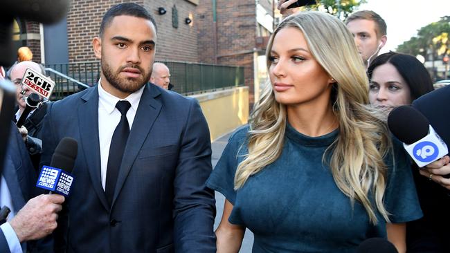 Manly Sea Eagles NRL player Dylan Walker and partner Alexandra Ivkovic leaving Manly Local on Friday.