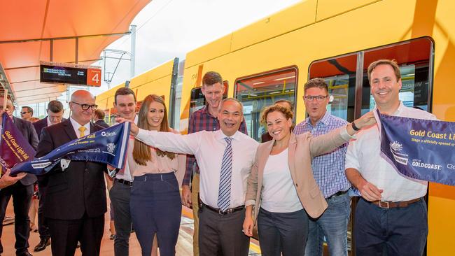 John Witheriff, Meaghan Scanlon Mark Bailey, Gold Coast Mayor Tom Tate, Deputy Premier of QLD Jackie Trad, Federal Tourism Minister Steve Ciobo at the official opening and ribbon cutting of the stage 2 of the light rail from Helensvale to Southport. Picture: Jerad Williams