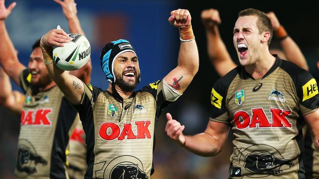 SYDNEY, NEW SOUTH WALES - APRIL 03: Jamie Soward and Isaah Yeo of the Panthers celebrate after team mate Bryce Cartwright scores the winning try during the round five NRL match between the Parramatta Eels and the Penrith Panthers at Pirtek Stadium on April 3, 2016 in Sydney, Australia. (Photo by Brendon Thorne/Getty Images)