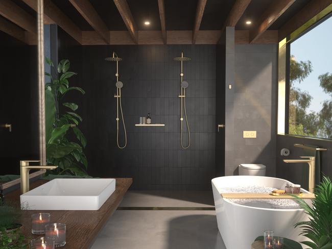 This Caroma bathroom features neutral tones and natural textures.