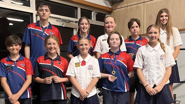 Back - L-R - Diesel (2024 Senior School Captain), Ruby Bubke (2024 Senior Vice Captain), Amanda Geurts, Mitchell Weir (2024 Senior School Vice Captain), Rylei BraddickFront - L-R - Mason Cossart, Issy Sladden (2024 Junior School Captains), Kaylee Jensen, Jorja (2024 Senior School Captain), Sienna Arthur. The 2024 school leaders with the outgoing leaders.