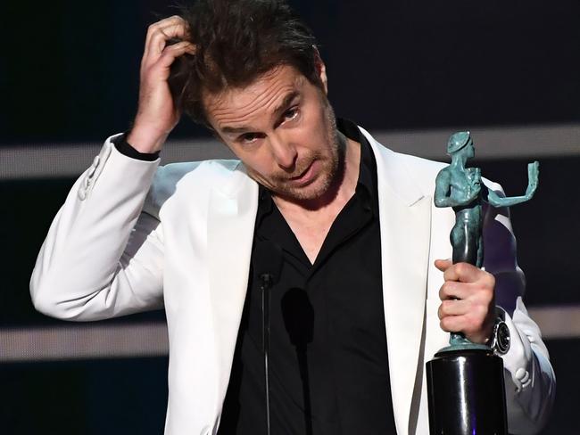 He didn’t expect it! Sam Rockwell. Picture: AFP