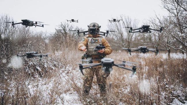 Drones, such as those used on the battelfield in Ukraine, are transforming modern warfare, and Australia needs to be prepared. Picture: National Guard of Ukraine/Twitter.