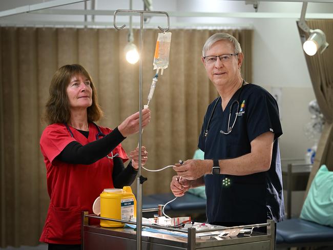 02/05/2023: Registered nurse Karen Lawrie with Dr Ross Maxwell at his medical clinic in Dalby about 200 kms west of Brisbane. Both are happy with budget measures to providing more funding for nurses to work alongside doctors in GP clinics. pic Lyndon Mechielsen/The Australian